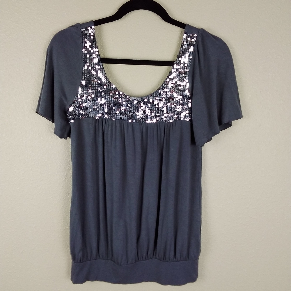 Gibson Gray Sequin Banded Hem Shirt